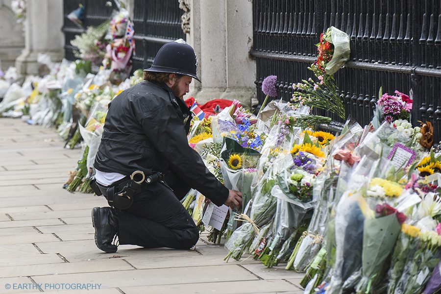 Flowers outside Buckingham Palace