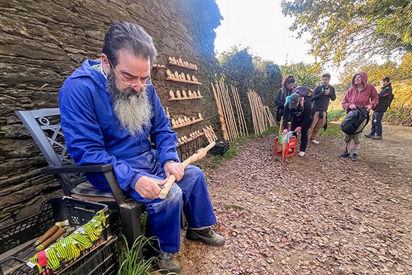 On the way to O Pedrouzo we came upon a man making old, traditional pilgrim staffs for those passing by