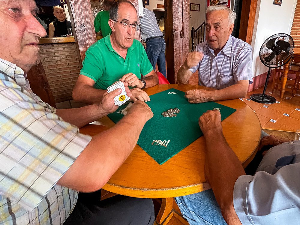 Local men playing a lively game of cards in a bar in Calzadilla de la Cueza